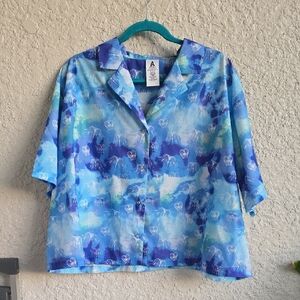 Disney Parks Avatar Blue & Teal Watercolor Button-Up Crop Shirt